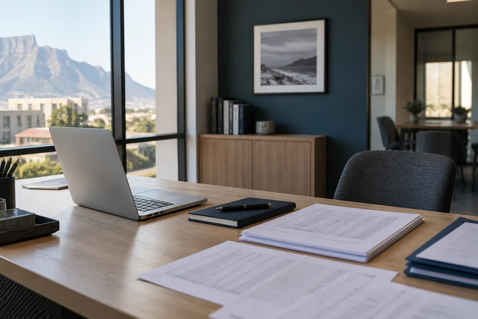 An accountant's desk with a laptop, notebook and working papers beside a Cape Town office window