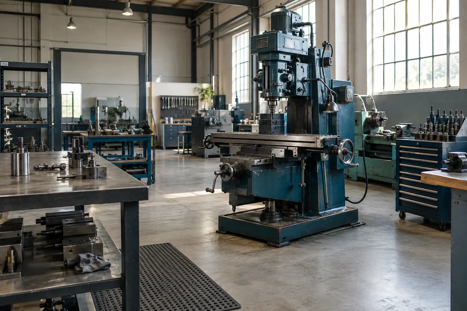 Precision milling equipment and steel workbenches in a sunlit industrial workshop